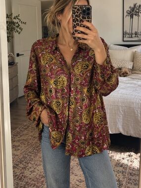 Vintage Tess Paisley Button-Down Blouse in Burgundy & Mustard